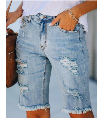 Jeans cropped com bolso cintura média rasgado Jeans para mulheres
