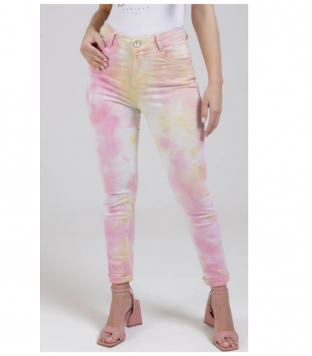 Calça Sarja Tie Dye Feminina Rosa/multicolorido