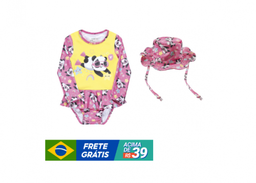 Maio Bebe Com Saia Fofo Manga longa + Chapéu Proteção Solar 50 Uv moda praia