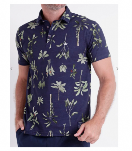 Polo Manga Curta Estampada Masculina Azul