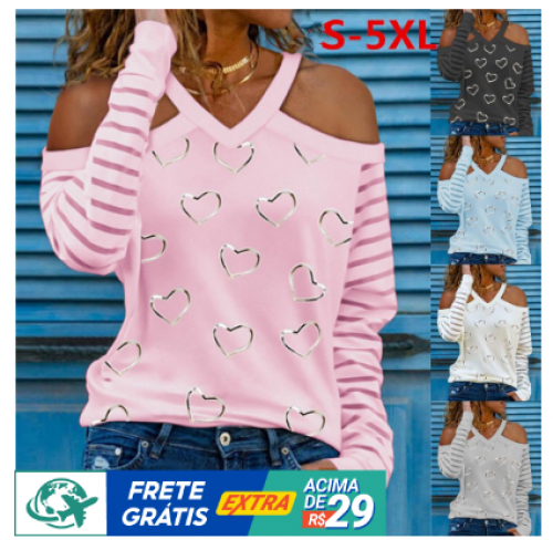 Blusa de manga comprida sem alças estampada com mulher Love Plus Size Camisa fina de fundo
