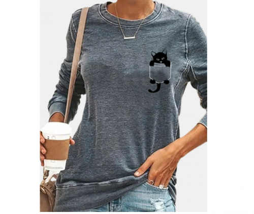 Bonito Black Camiseta com estampa de gato manga longa gola O para mulheres