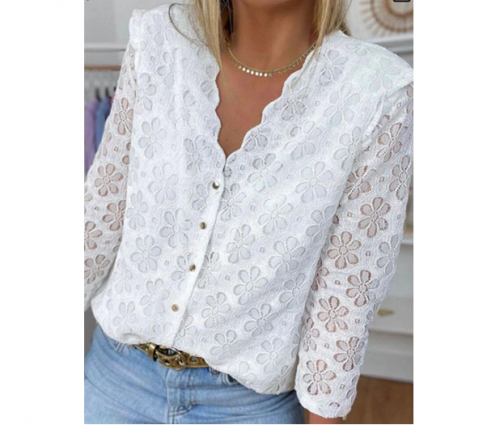Blusa de renda sólida com botão com decote em V manga longa para mulheres