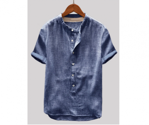 Colarinho masculino de algodão linho vintage sólido com gola casual Henley Camisa