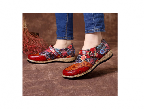 SOCOFY Retro Fivela Fancy Flowers Emenda Couro Genuíno Costura Zíper Sapatos Planos Confortáveis