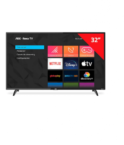 Smart TV LED 32” HD AOC Roku 32S5195/78 com Wi-fi, Controle Remoto com atalhos, Roku Mobile, Miracast, Entradas HDMI e USB