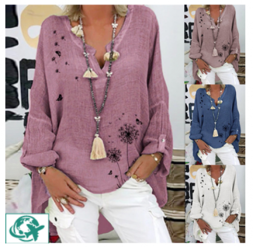 Sek Camisa / Blusa Feminina Casual Folgada De Mangas Compridas Com Decote Em V E Estampa Floral / Plus Size ~Bgk