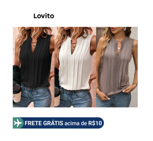 Lovito Regata Casual Plissada Lisa Para Mulheres LNL35023 (Cáqui/Branco/Preto)