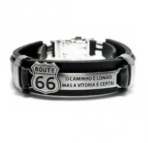 Pulseira Bracelete Ajustável Masculina em Couro Preto Rota 66