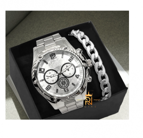 Conjunto Relógio Masculino Mais Pulseira Aço inox Banhado