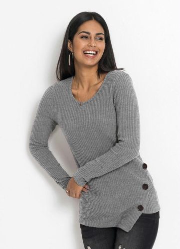 Blusa Canelada com Botões Laterais Mescla