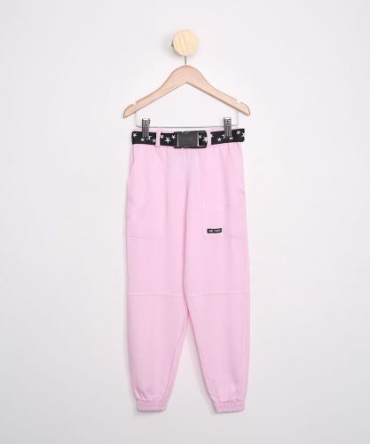 Calça infantil de viscose jogger com cinto rosa