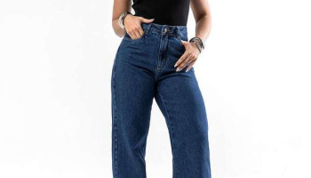 Calca Jeans Wide Leg Feminina Cintura Alta Basica Azul