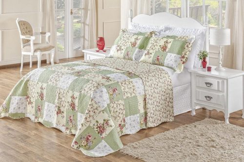 Colcha Bouti Cobre Leito Casal Padrão Dupla Face Estampado 03 Peças Patchwork Verde