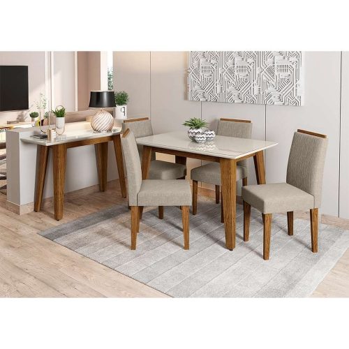 Conjunto de Mesa de Jantar com Tampo de Vidro Jade e 4 Cadeiras Ana Veludo Linho Off White e Cinza