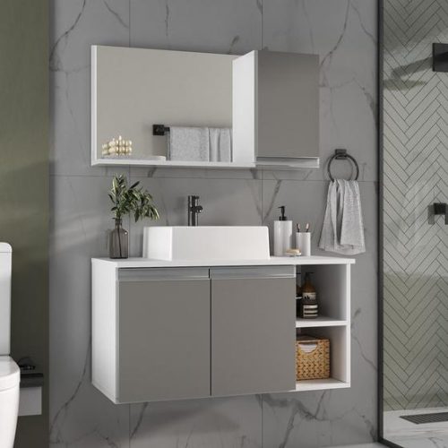 Conjunto de Gabinete Banheiro 80cm com Cuba e Espelheira – – MOVEIS JOIA