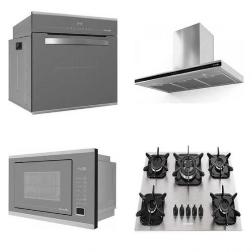 Conjunto Forno Elétrico Digital de Embutir 220v Espelhado 68 Litros + micro-ondas de Embutir 25l 220v + Cooktop 5 bocas de Alumínio com Tripla Chama – Mueller