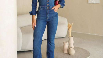 Consciência – Macacao Jeans Flare Feminino Manga Longa com Bolsos Azul