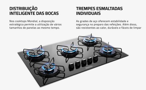 Cooktop a Gás, 5 Bocas, Mondial, Preto/Inox, Bivolt – CTG-02