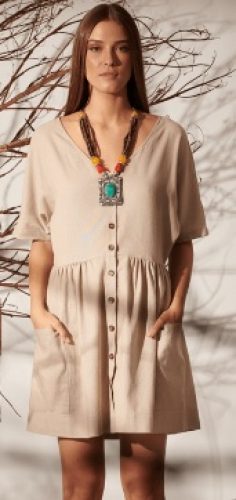 VESTIDO CURTO DE LINHO BEGE ESCURO