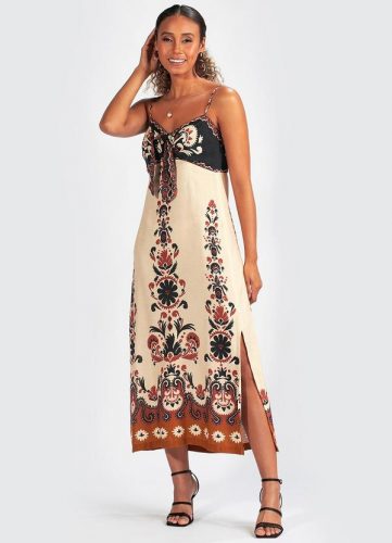 Farm – Vestido Tecido Tapete de Flor Bege