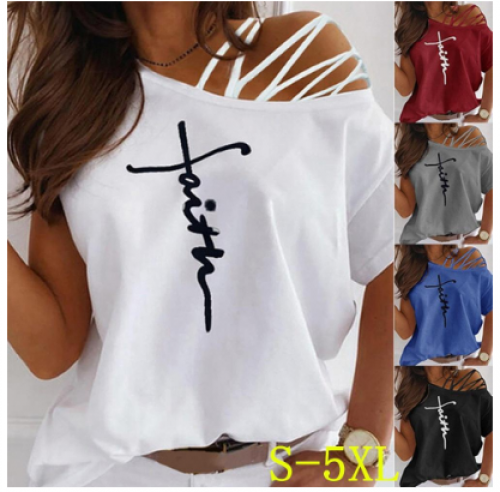 T-shirt Graphic T-Shirt Feminina Letter Impresso Casual Manga Curta T-shirt Sem Alças Solta Macia e Confortável Top de Verão