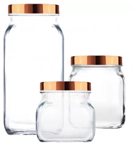 Jogo de Potes de Vidro Ruvolo Glass Company – com Tampa Redondo Gourmet Style 3 Peças