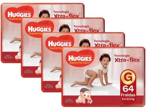 Kit Fraldas Huggies Turma da Mônica Supreme Care – Tam. G 9 a 12,5kg 4 Pacotes com 64 Unidades Cada