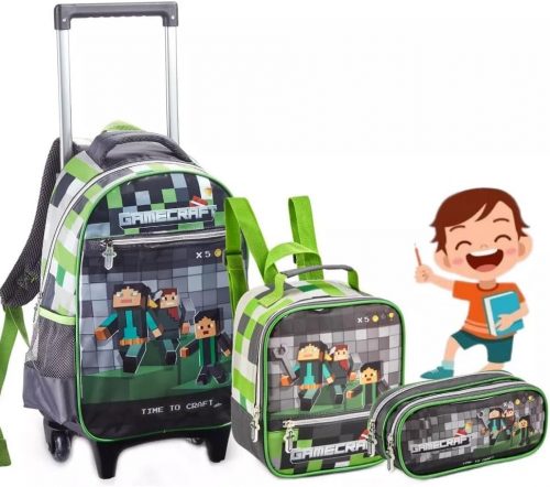 Kit Mochila Rodinha Estojo Lancheira Infantil GameCraft