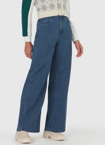 Malwee – Calça Wide Leg Jeans Cotelê Feminina Azul