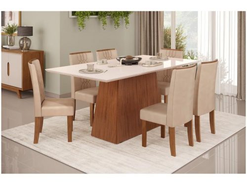 Mesa de Jantar 6 Cadeiras Retangular Freijó Off White e Creme DJ Móveis Copenhague