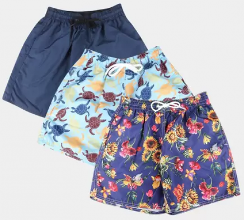 Kit Short Wall Floral e Tartarugas Masculino c/ 3 Peças