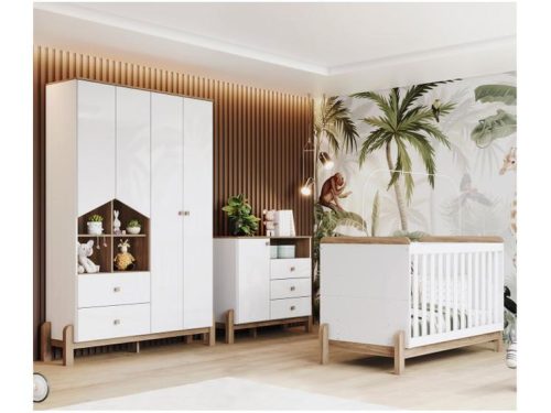 Quarto de Bebê Completo com Berço Cômoda e Guarda-roupa Henn Ternura Branco e Jequitibá