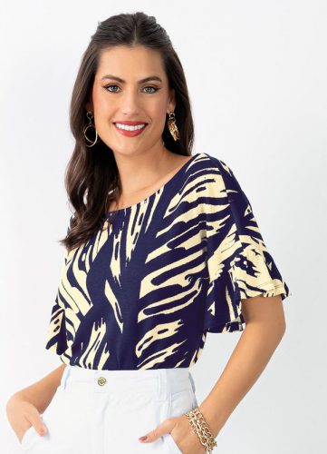 Quintess – Blusa Folhagem Marinho com Babados nas Mangas