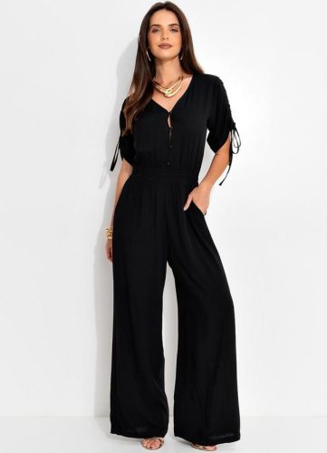 Quintess – Macacão Preto em Viscose Plana