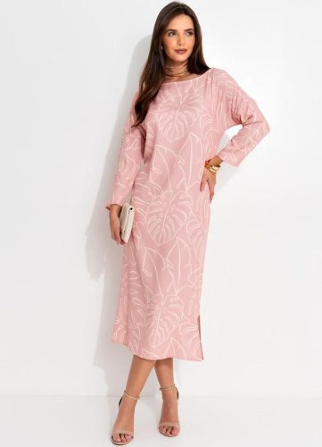 Quintess – Vestido Folhagem Rosa em Alfaiataria Sarjada