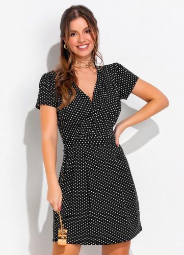 Quintess – Vestido Poá com Decote Transpassado