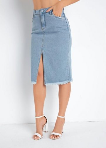 Sawary Jeans – Saia Jeans Midi com Fenda Frontal Sawary