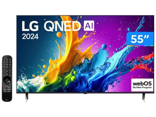 Smart TV 55″ 4K QNED LG 55QNED80TSA WebOS 24 Processador α5 Ger7 Wi-Fi Bluetooth com Alexa e Chromecast 3 HDMI 2 USB
