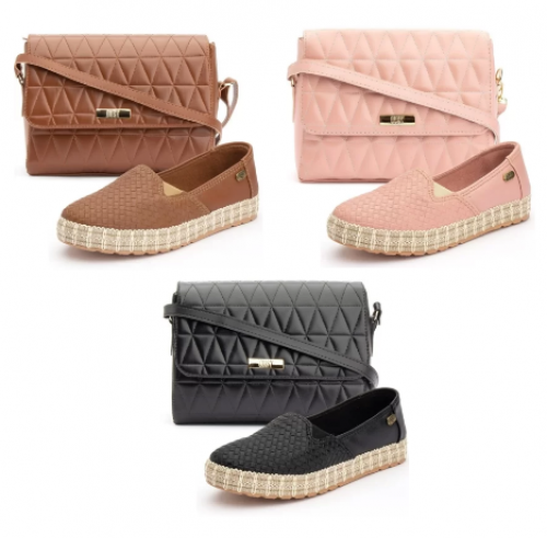 Kit OUSY SHOES Slip On Sola Tricê Bolsa Tampa Metalasse Lançamento Caramelo / Rosa / Preto