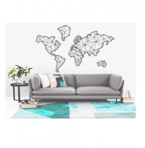 Quadro Decorativo Parede Mapa Mundi Geométrico Minimalista Preto 1,20 Metros + Brinde