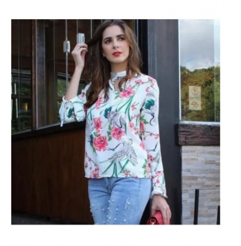 Blusinha Blusa Feminina Estampa Floral Manga Longa Soltinha Moda Social Casual Decote Discreto