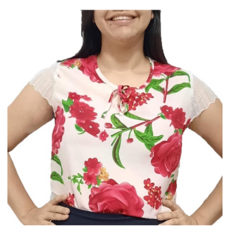 Blusa Feminina Blusinha Manga Curta com Renda Estampada Moda Evangélica Social Executiva