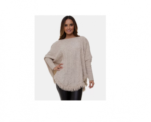 Poncho Pink Tricot Mousse Trançado Com Franjas De Tricô Feminino