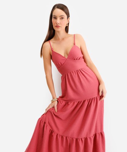 Vestido longo decote nas costas texturizado – rosa escuro